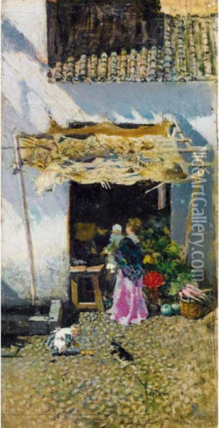 Jeune Femme A La Jupe Lilas, Devant Une Echoppe De Legumes Oil Painting - Mariano Jose Maria Bernardo Fortuny y Carbo