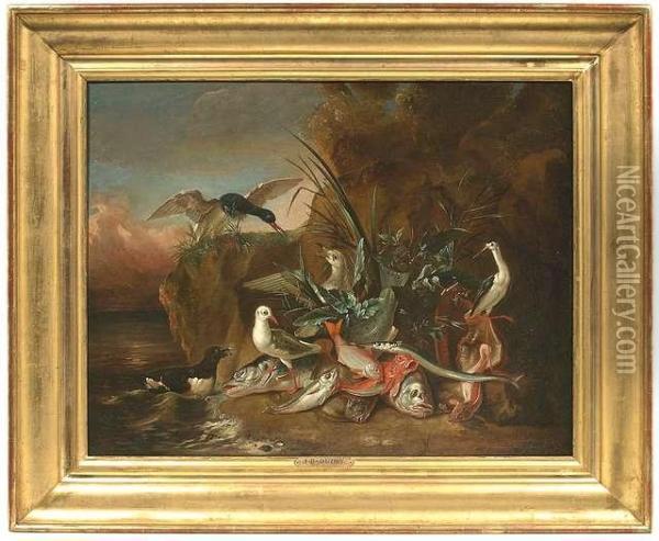 Still Life Of Fish With Aquatic Birds. Oil/canvas/canvas Oil Painting - Jean-Baptiste Oudry