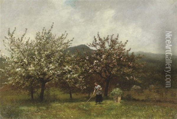 In A Flowering Orchard Oil Painting - Anton Heinrich Dieffenbach