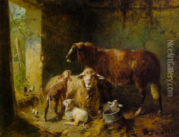 Fruhling - Schafe Mit Ihren Lammchen Und Kuken Im Stall Oil Painting - Otto Friedrich Gebler