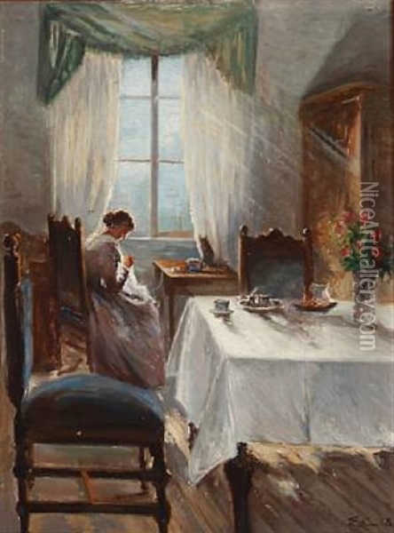 Living Interior With A Woman Sewing Oil Painting - Emilie Christensen