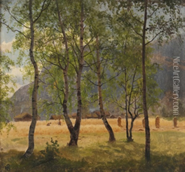 Aker Og Bjerkeskog Oil Painting - Hans Frederick Gude