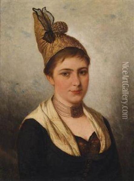 Young Woman Infolk Costume With Golden Bonnet Oil Painting - Josef Bche