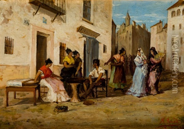 Paseando Por Las Calles De Sevilla Oil Painting - Rafael Senet y Perez