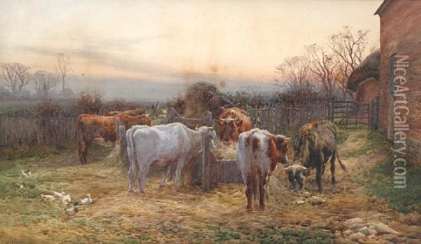 Feeding The Cattle At Sunset Oil Painting - Charles James Adams