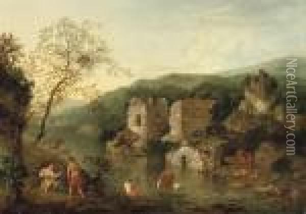 An Italianate Landscape With Classical Figures By A River, Ruins Beyond Oil Painting - Robert Griffier