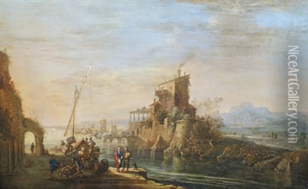 Sudlicher Hafen Mit Lastbooten, Kaufleuten Und Reisenden Im Abendlicht Oil Painting - Jean Baptiste Lallemand
