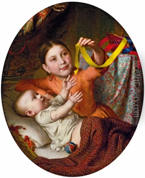 Zwei Kinder Mit Seidenbandern Spielend Oil Painting - Johann Baptist Reiter