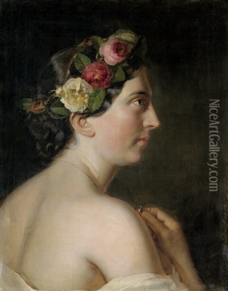 Profilbildnis Einer Jungen Frau Mit Blumen Im Haar Oil Painting - Georg Decker