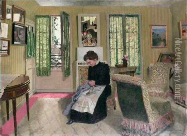 Chambre Gris-vert Avec Femme En Noir Cousant Oil Painting - Felix Edouard Vallotton