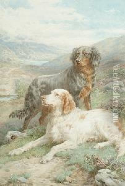Setters In A Highland Landscape Oil Painting - Basil Bradley