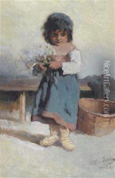 Girl With Bunch Of Flowers Oil Painting - Ivan Andreevich Pelevin