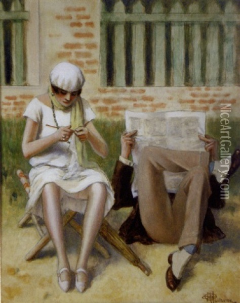 Femme A Son Tricot Et Homme A Son Journal Oil Painting - Albert Guillaume