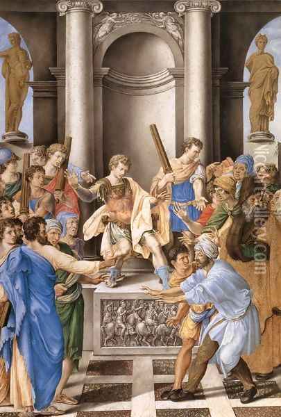 Elymas Struck Blind by St Paul before the Proconsul Sergius Paulus Oil Painting - Giorgio-Giulio Clovio