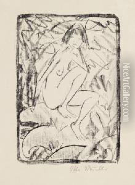 Sitzende Vom Blattwerk Umgeben (helle Fassung). Oil Painting - Otto Mueller