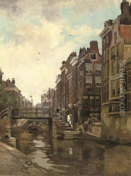 Delfsche Vaart, Rotterdam; Daily Activities Along A Dutch Canal Oil Painting - Christian Snijders
