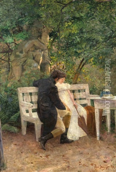 Junges Paar Auf Einer Parkbank Mit Groser Skulptur Eines Paares In Inniger Umarmung Oil Painting - Paul Segisser