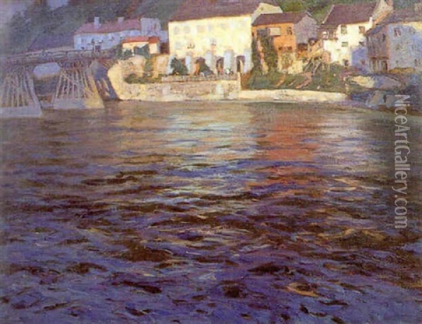 Houses Along A Riverbank Oil Painting - Carl (Karl, Charles) O'Lynch of Town