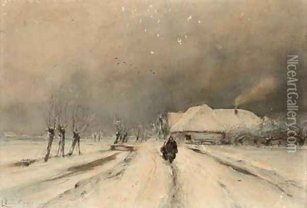 On a snow covered path Oil Painting - Louis Apol