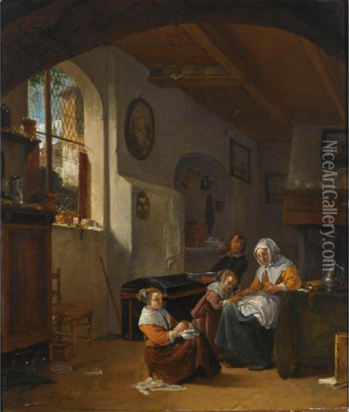 An Interior With A Mother 
Teaching A Girl To Write, A Young Boy Carrying A Bowl, And Another Girl 
Embroidering In The Foreground Oil Painting - Thomas Wyck