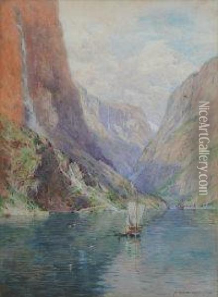 Boats On A Deep Fjord Oil Painting - Alfred Heaton Cooper