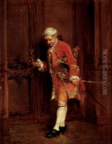 Ein Eleganter Herr Klopft An Oil Painting - Francois Adolphe Grison