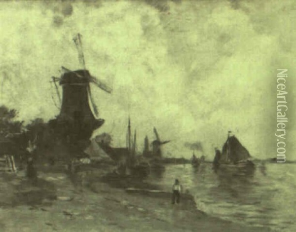 Hollandische Kustenlandschaft Mit Windmuhlen Oil Painting - Ernestine Friedrichsen