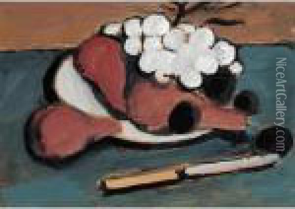 Still Life Of Pears, Plums And Grapes Oil Painting - Bernard Meninsky