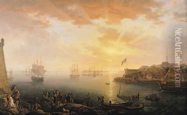 View of Brest Harbour Oil Painting - Jean-Francois Hue
