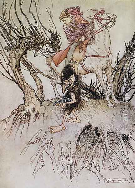 The Knight Hulbrand with a gnome, illustration for the tale Undine by baron de la Motte Fouque, 1909 Oil Painting - Arthur Rackham