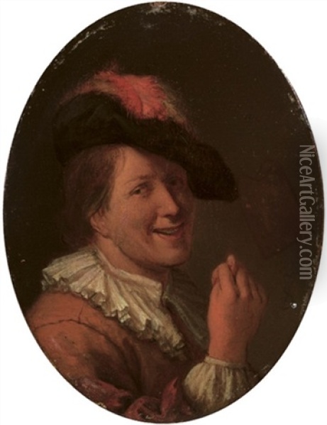 A Man In A Plumed Hat Making An Obscene Gesture Oil Painting - Ary de Vois