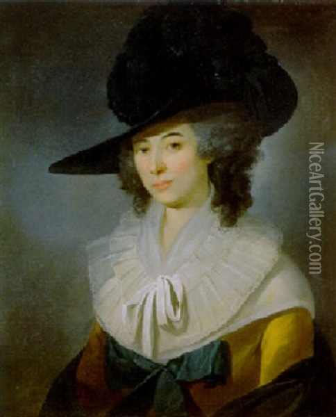 Portrait Of Mrs William Bligh, In A Yellow Dress With A Blue Bow And Lace Collar, A Blue Hat And Shawl Oil Painting - John Webber