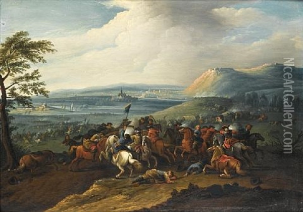 A Cavalry Skirmish (+ A Cavalry Skirmish Before An Extensive Landscape; Pair) Oil Painting - Jan Frans van Bredael the Elder