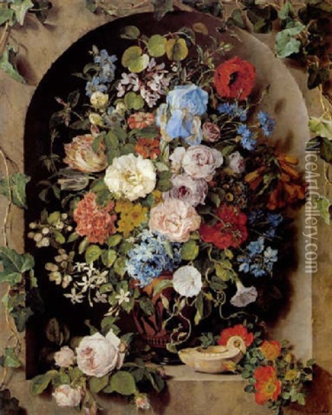 Groses Blumenstuck In Einer Griechischer Vase Mit Ollampe Oil Painting - Pauline Von Koudelka-Schmerling