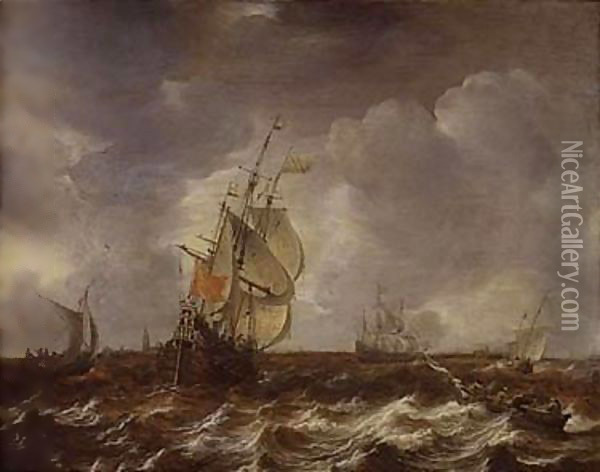 Warships and other small craft in an estuary Oil Painting - Jan Abrahamsz. Beerstraten