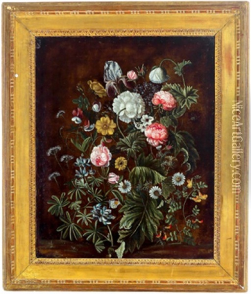 Ein Blumenstraus Mit Rosen, Pfingstrose, Papageientulpe, Margeriten Und Anderen Wiesenblumen Oil Painting - Alida Withoos