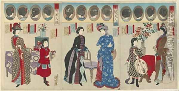 Comparison of Beautiful Women in Western Coiffures Meiji era Oil Painting - Toyohara Chikanobu