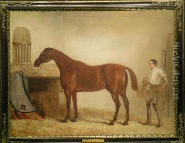 A Bay Racehorse With A Groom In A Stable Oil Painting - John Snr Ferneley