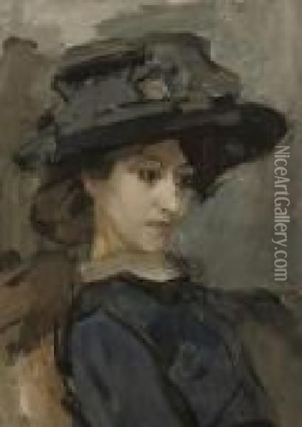Jonge Vrouw Met Hoed: A Lady Wearing A Black Hat Oil Painting - Isaac Israels