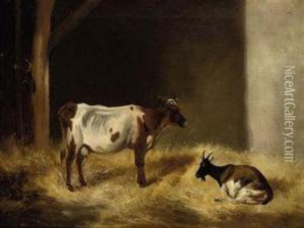 A Cow And Goat In A Stable Oil Painting - Edmund Bristow