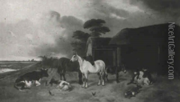 A Farmyard Scene With Horses, Cattle, A Donkey And A Goat Oil Painting - James Thomas Wheeler