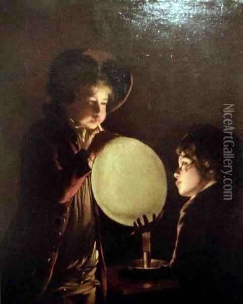 Two Boys by Candlelight Blowing a Bladder Oil Painting - Josepf Wright Of Derby
