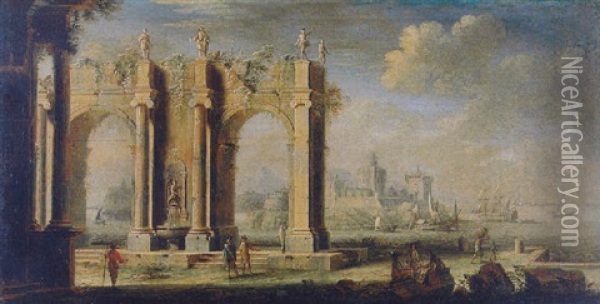 Figures Amongst Classical Ruins, A Port Beyond Oil Painting - Leonardo Coccorante
