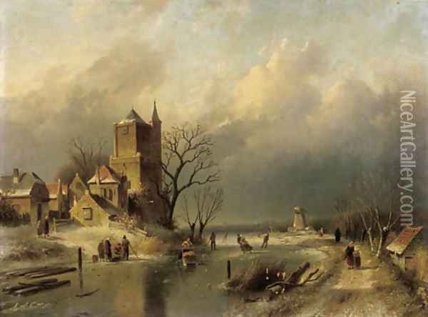 A winter landscape with skaters on a frozen river by a stronghold Oil Painting - Charles Henri Leickert