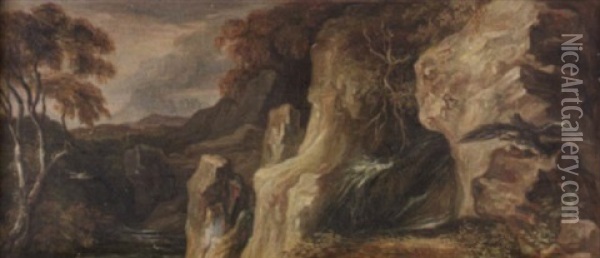 Idealisierte Landschaft Mit Felsmassiv Und Wasserall Oil Painting - George Augustus Wallis