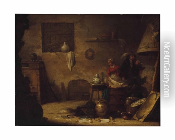 An Interior With Two Men Smoking By The Fire And A Washerwoman Oil Painting - Hendrick Martensz Sorgh