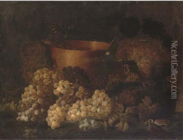 Grapes On The Vine, A Copper Planter And A Bird On A Ledge Oil Painting - Aniello Ascione