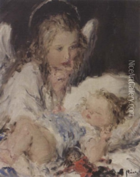 An Angel Watching Over Oil Painting - Aurel Naray
