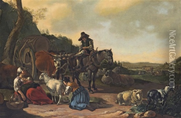 A Pastoral Landscape With A Team Of A Horse And Oxen Drawing A Wagon Oil Painting - Gerrit Adriaensz Berckheyde