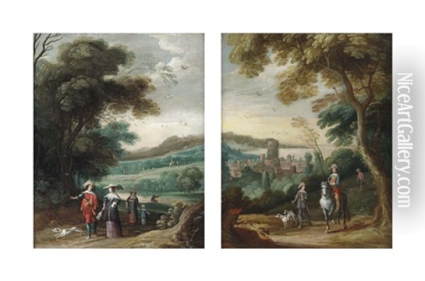 A Wooded Landscape With Elegant Figures Strolling (+ A Landscape With Travellers On A Sandy Path, A Town Beyond; Pair) Oil Painting - Jasper van der Laanen